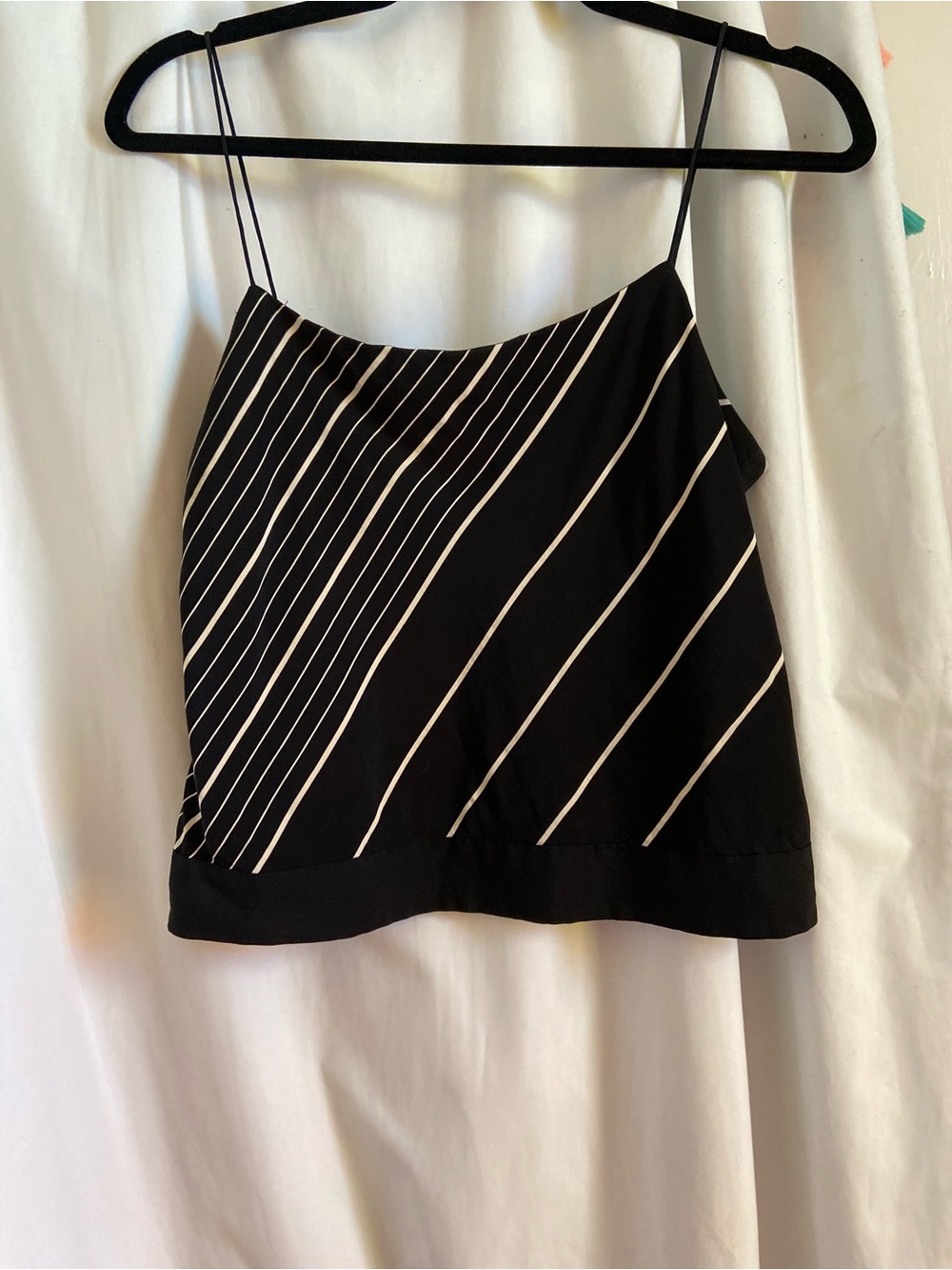 Theory Black Silk Tank with White Diagonal Stripes